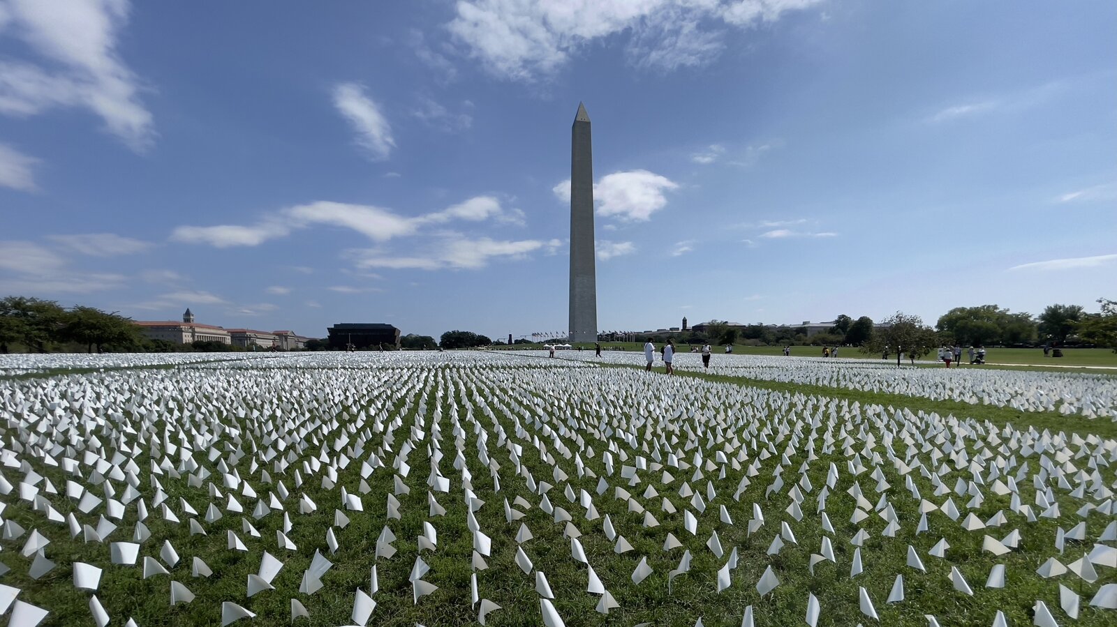 TOPSHOT - White flags are seen on the National Mall near the Washington Monument in Washington, DC on September 19, 2021. - The project, by artist Suzanne Brennan Firstenberg, uses over 600,000 miniature white flags to symbolize the lives lost to Covid-19 in the US. (Photo by Daniel SLIM / AFP)